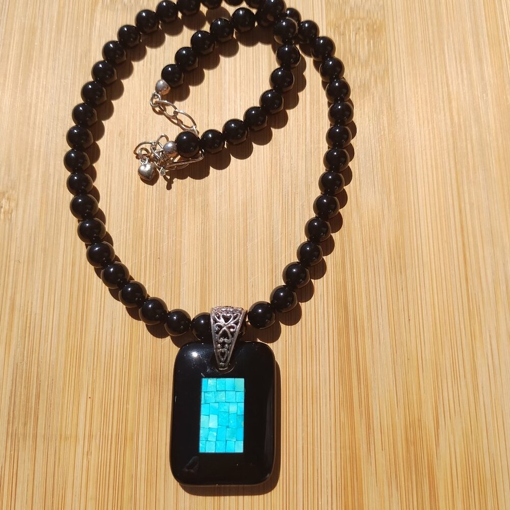 Jay King DTR mine finds black agate necklace sleeping beauty inlay pendant 925 S